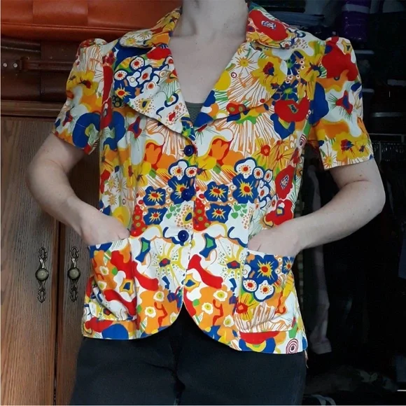 70s Handmade Floral Blazer Jacket / Top Groovy Pop Art Psychedelic Colorful - Picture 8 of 16
